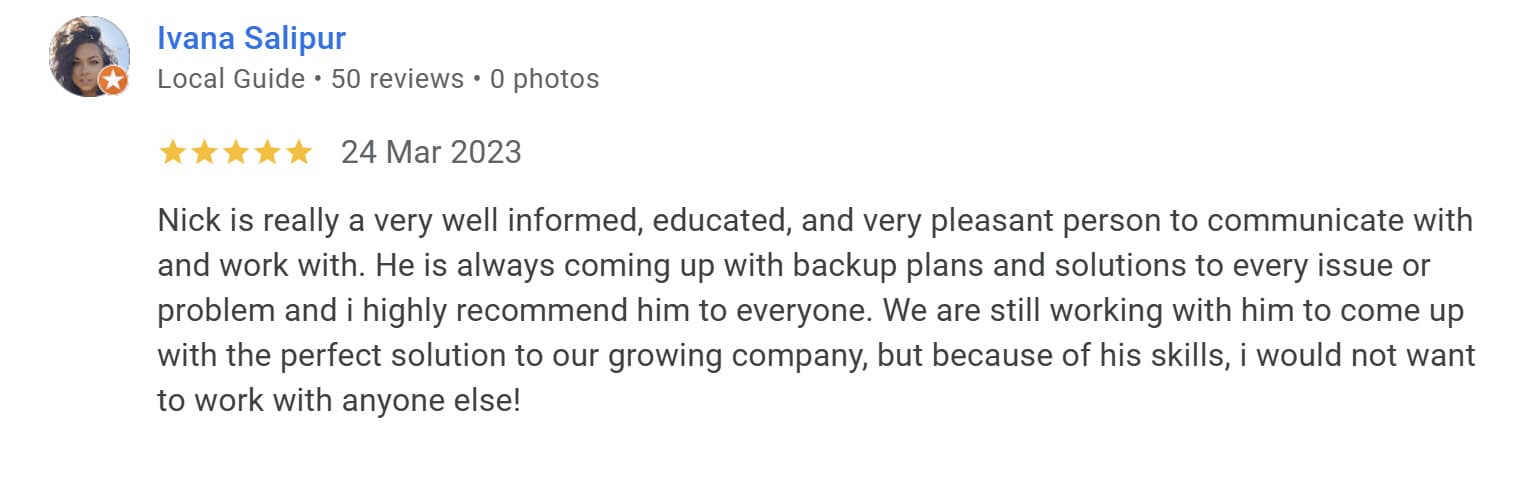 Five star review from Ivana S. - Well informed, educated, and very pleasant customer support