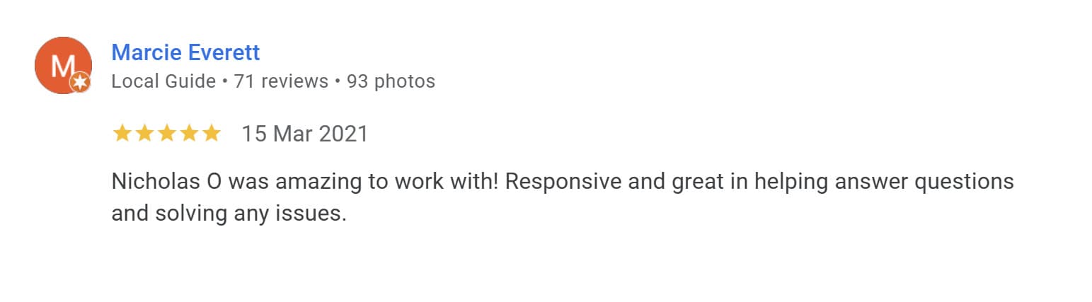 Five star review from Marcie E. - Amazing to work with, great at solving an issues